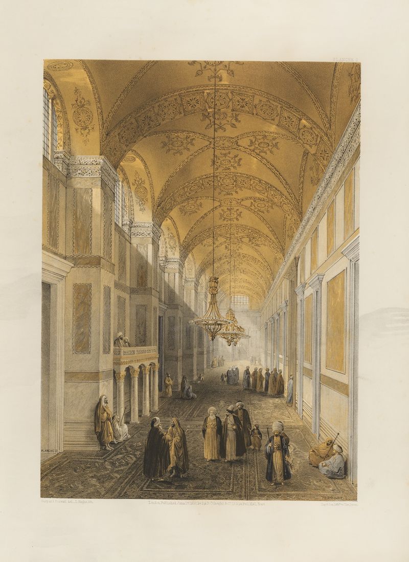 Aya Sofia lithograph by Gaspare Fossati, featuring intricate mosaics and a grand dome.