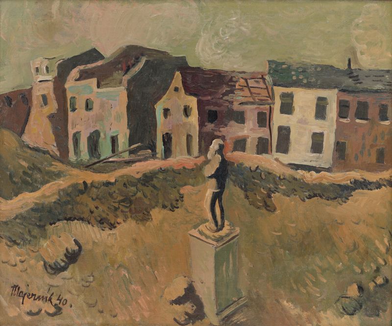 Figurative sculpture by Cyprián Majerník, 1940, depicting a monument in somber tones.