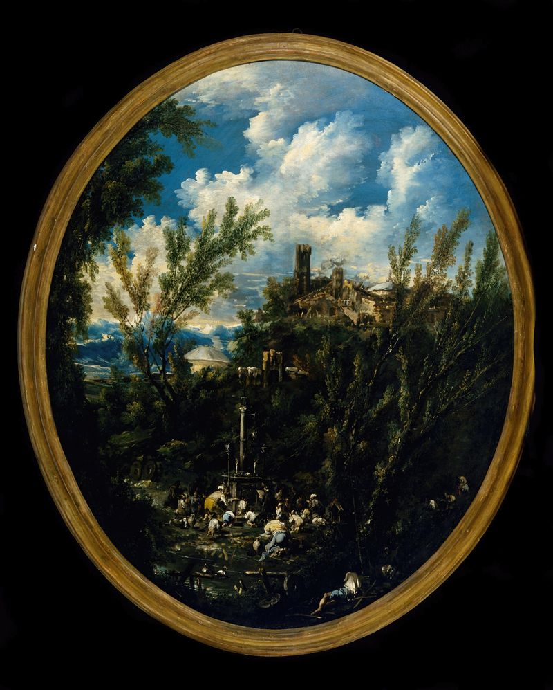 Worshippers at a Shrine de Alessandro Magnasco, óleo barroco que muestra figuras en un santuario.