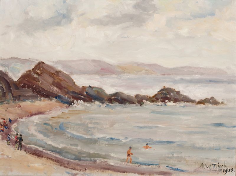 Looen rantaa by Alfred William Finch, oil on canvas depicting a tranquil lake with gentle ripples.