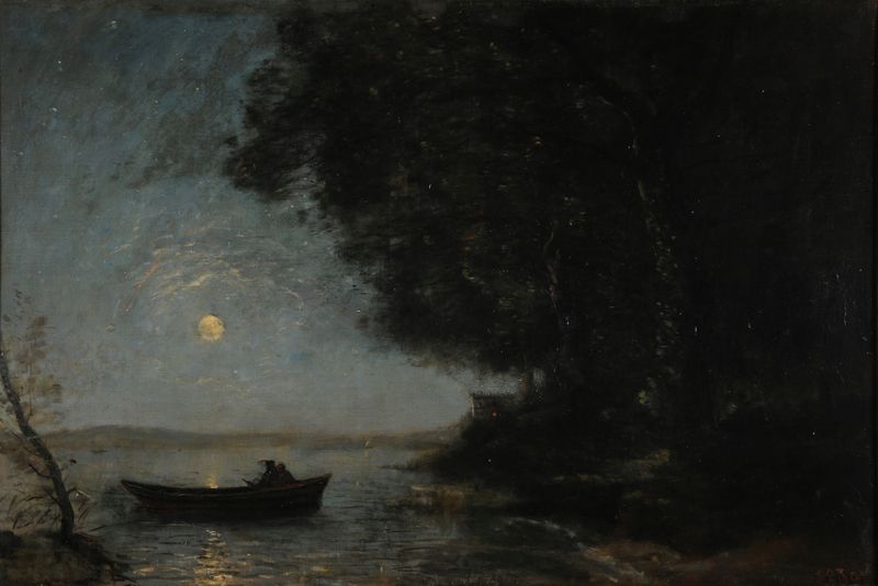 Landscape of a lake at twilight by Jean-Baptiste-Camille Corot, oil painting