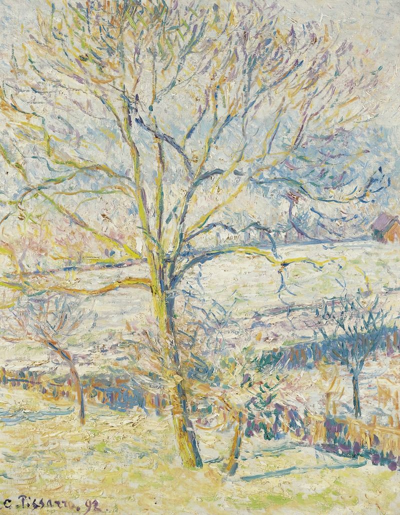 Le Grand Noyer, Gelée Blanche Éragny de Camille Pissarro, pintura a óleo de uma paisagem de inverno com um carvalho.