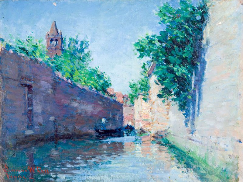 Venecia de Denman Waldo Ross, óleo sobre lienzo que muestra reflejos al atardecer en el agua