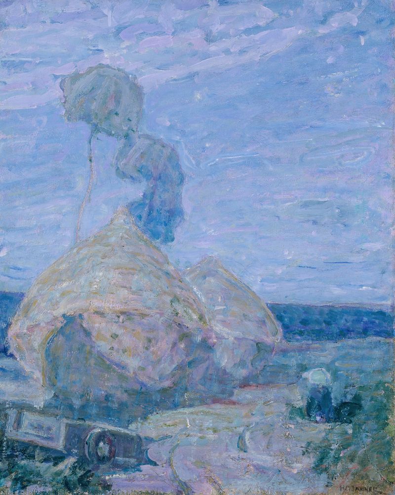 Haystacks de Henry Ossawa Tanner, pintura al óleo que muestra montones de heno dorados en luz cálida