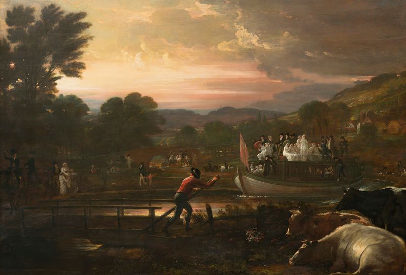 Paddington Canal by Benjamin West, oil painting depicting a serene dawn landscape with water reflections.