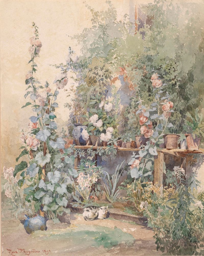 Naturaleza muerta con un gatito y follaje de jardín por Rosa Mayreder, 1891.