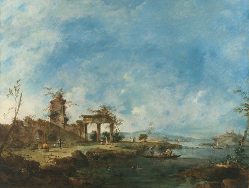 Fantástico Paisaje de Francesco Guardi, óleo sobre lienzo que representa un río sereno y colinas distantes.