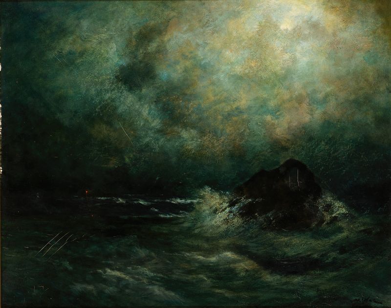 Great Silas at Night by Robert Crannell Minor, oil on canvas depicting a night landscape with a silhouetted figure.