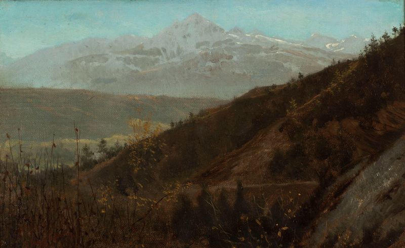 Mountain landscape by Lawrence Alma-Tadema, oil painting depicting distant mountains and soft sky.