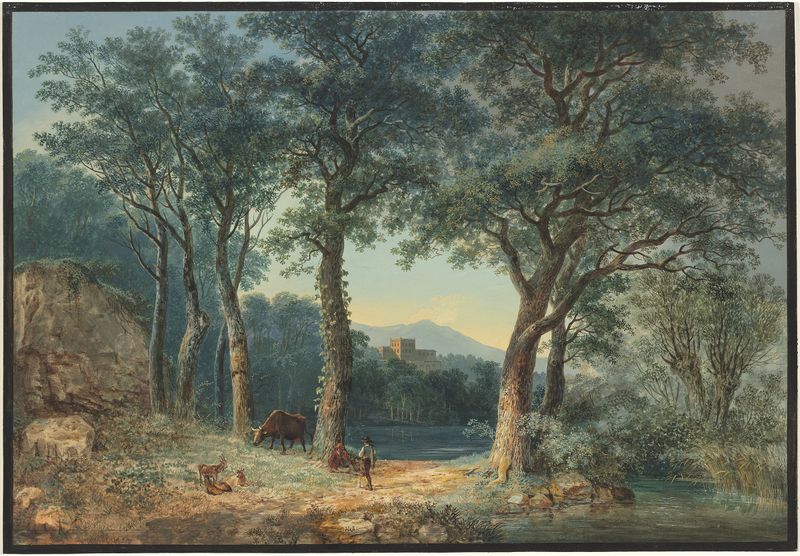 A Wooded Lakeside with an Italianate Villa, óleo sobre tela de Ludwig Hess