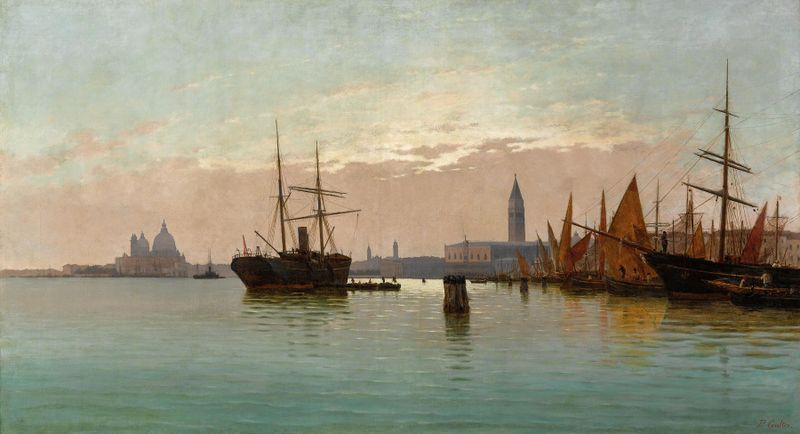 Pintura paisagística a óleo de Pietro Galter representando um canal com reflexos e edifícios da cidade.