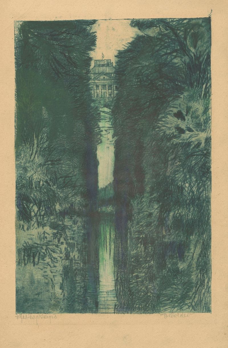 Paisagem do Parque Łazienki com árvores e Belweder, pintura a óleo de Feliks Jabłczyński