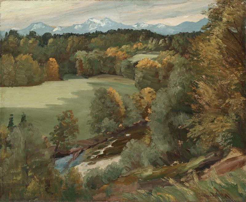 Blick von St. Salvator auf die Prien de Max Tresenreiter, óleo sobre tela, retratando uma paisagem tranquila de rio.