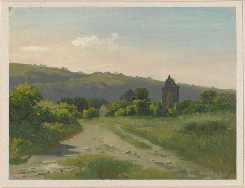 Portão de entrada e estruturas de portão ao pé de uma colina por Arthur Blaschnik, pintura a óleo