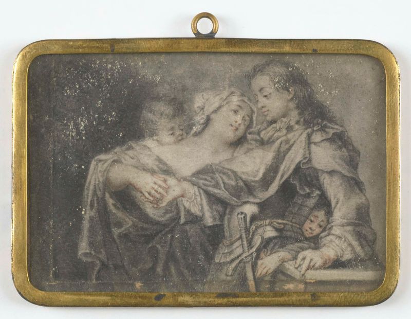 Escena de género en pergamino de Carl Gustav Klingstedt con una mujer, un soldado y un niño.