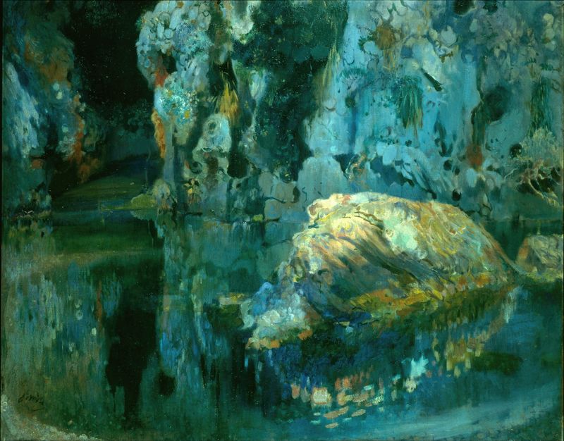 The Rock in the Pond de Joaquin Mir Trinxet, impresionismo, representando una roca solitaria en un estanque tranquilo.
