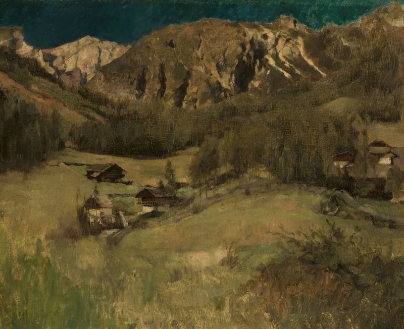 Landscape from Tyrol de Carl Schuch, retratando colinas e luz do sol, realismo