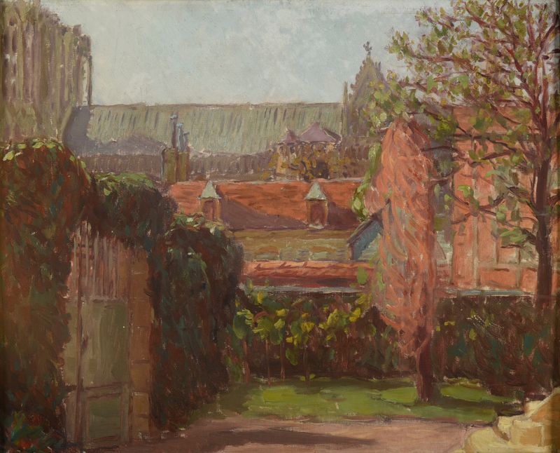 La Cathédrale de Reims de Paul Jamot, pintura al óleo que muestra una gran catedral con torres y cielo tormentoso.