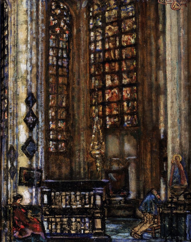 Interior of a chapel with altar, oil painting by Alfred Delaunois