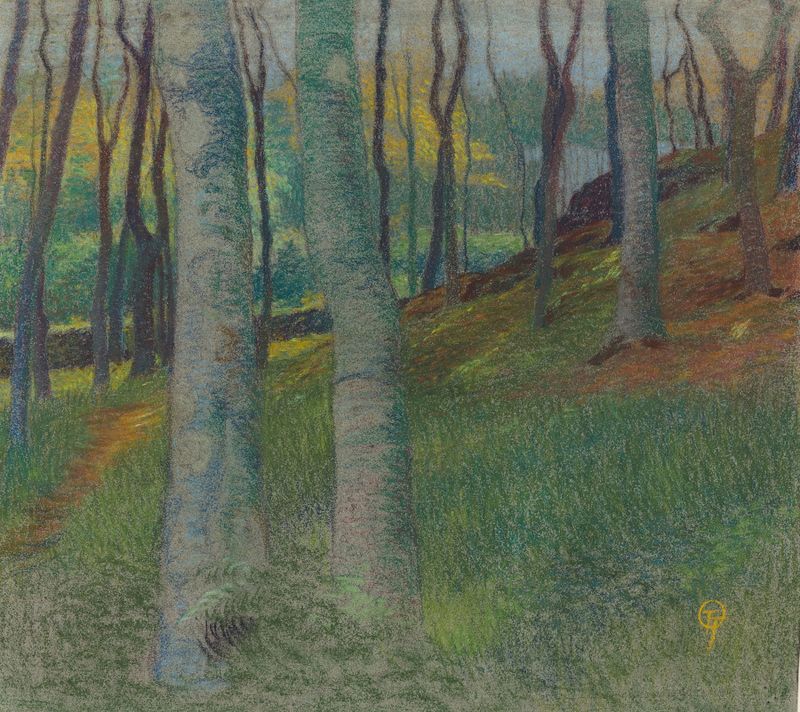 Paisagem arborizada óleo de Lucien Ott com um riacho e árvores vibrantes
