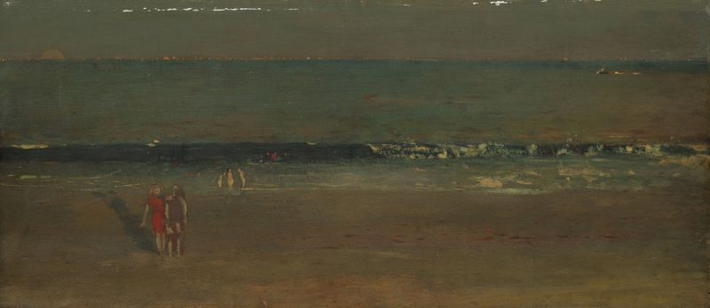 A Praia, Tarde Tarde de Winslow Homer, óleo sobre tela mostrando figuras na costa ao pôr do sol.