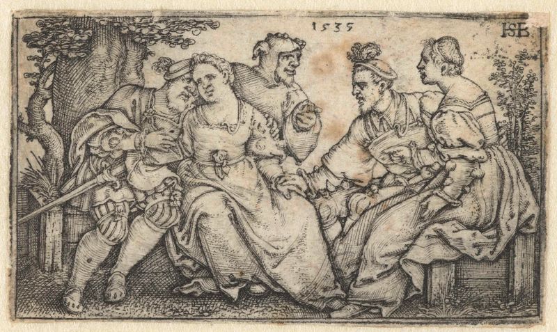 Grabado de Hans Sebald Beham que muestra dos parejas entrelazadas en luz y sombra.