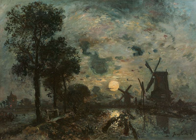Moulins au clair de lune, Schiedam de Johan Barthold Jongkind, óleo sobre tela mostrando moinhos à noite