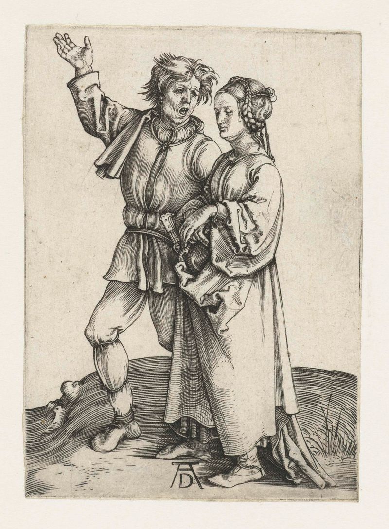Grabado de Albrecht Dürer que representa a una pareja en un paisaje rural