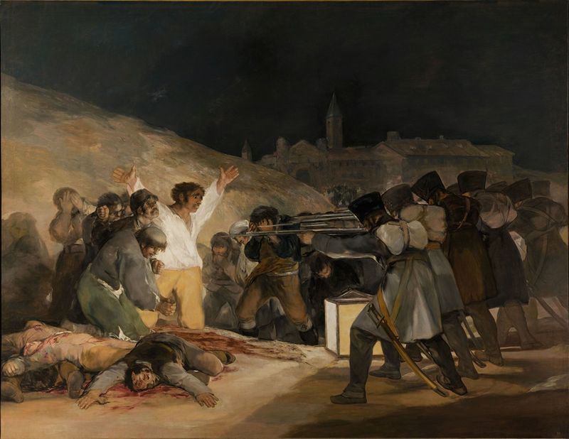 The Third of May 1808 by Francisco de Goya, oil on canvas showing a man in white with arms outstretched.
