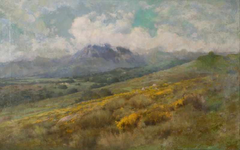 Paisagem de Josep Berga i Boix, pintura a óleo mostrando colinas onduladas ao crepúsculo