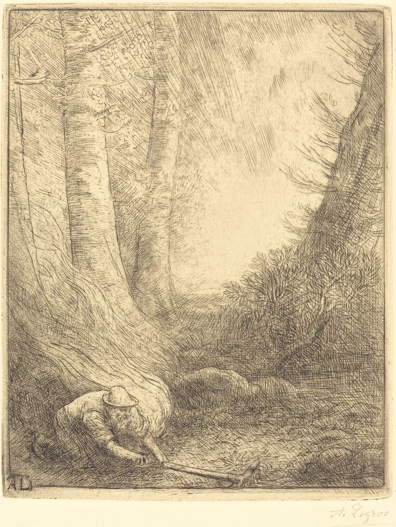 Paisaje con siluetas contra un atardecer, óleo de Alphonse Legros