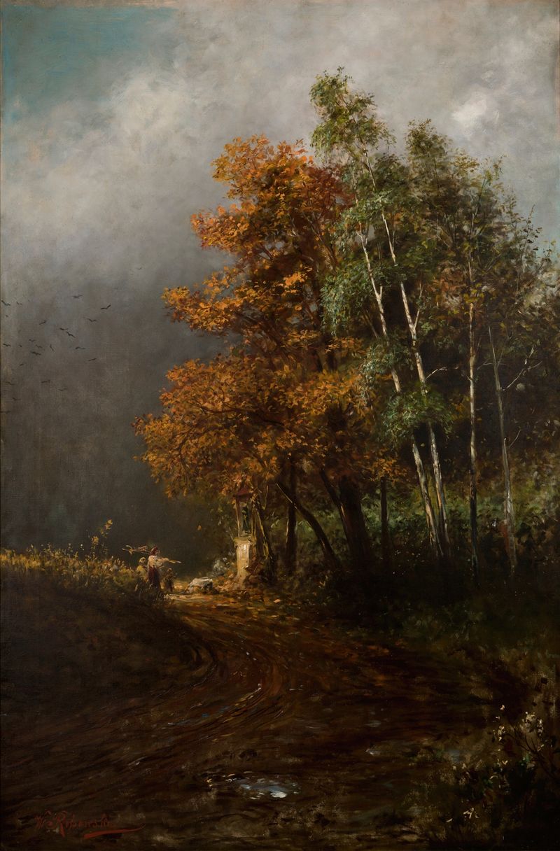 Santuário religioso cercado por folhagem, pintura a óleo de Władysław Rossowski