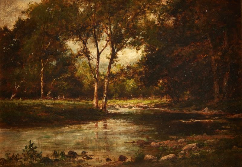 Cherry Creek landscape by Charles Linford, oil on canvas, featuring water and cherry blossoms
