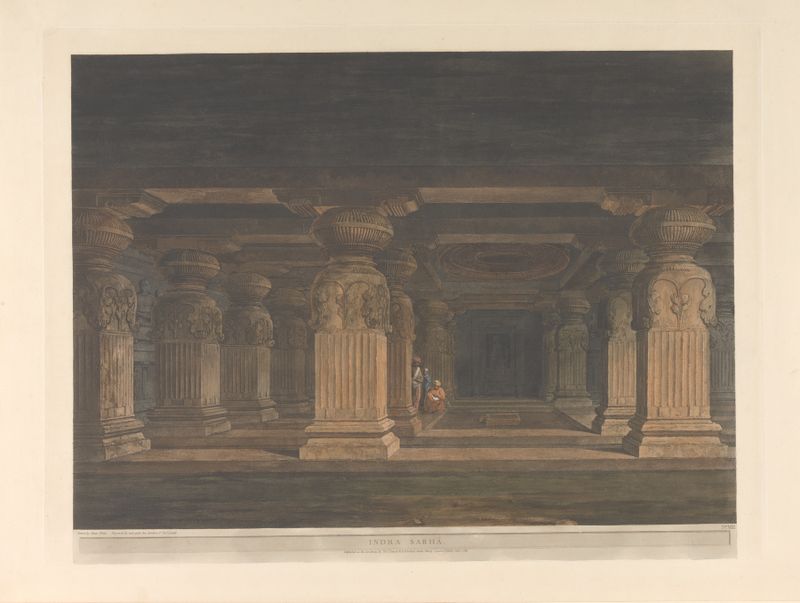 Oriental scenery Pl.33 de Thomas Daniell, retratando uma paisagem com montanhas e um rio.