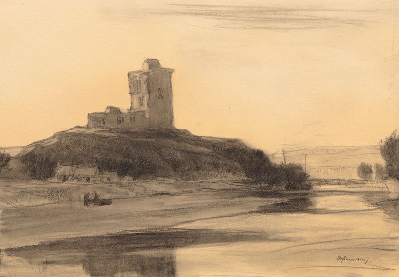 The Red Castle de David Young Cameron, pintura a óleo que mostra um castelo carmesim sob um céu tempestuoso.