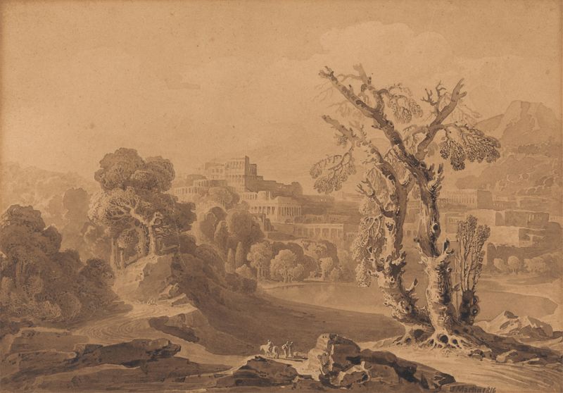 Classical City in Landscape de John Martin, pintura al óleo que representa una ciudad al atardecer rodeada de acantilados.