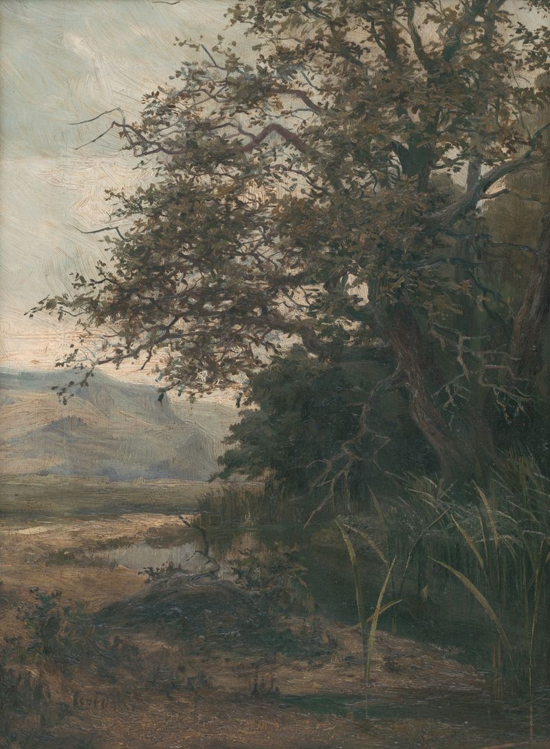 Paisaje con un arroyo y vegetación, pintura al óleo de Ľudovít Čordák