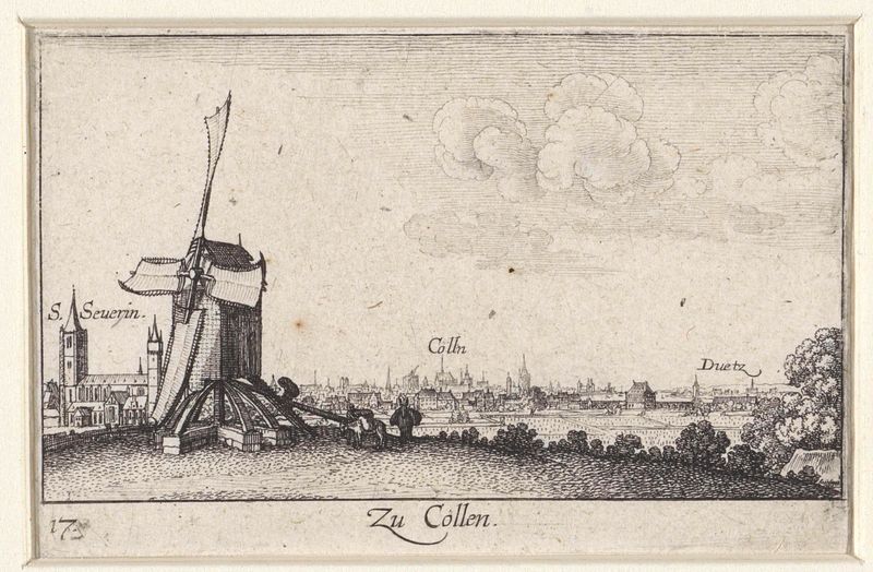 Gravura de Wenceslaus Hollar mostrando um rio, um moinho e o horizonte de Colônia