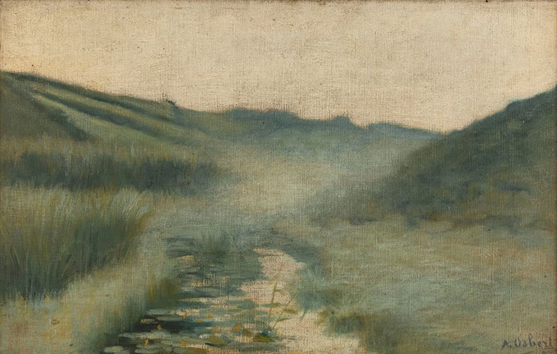 Brouillard du matin, Diélette by Alphonse Osbert, oil on canvas depicting a misty dawn landscape.