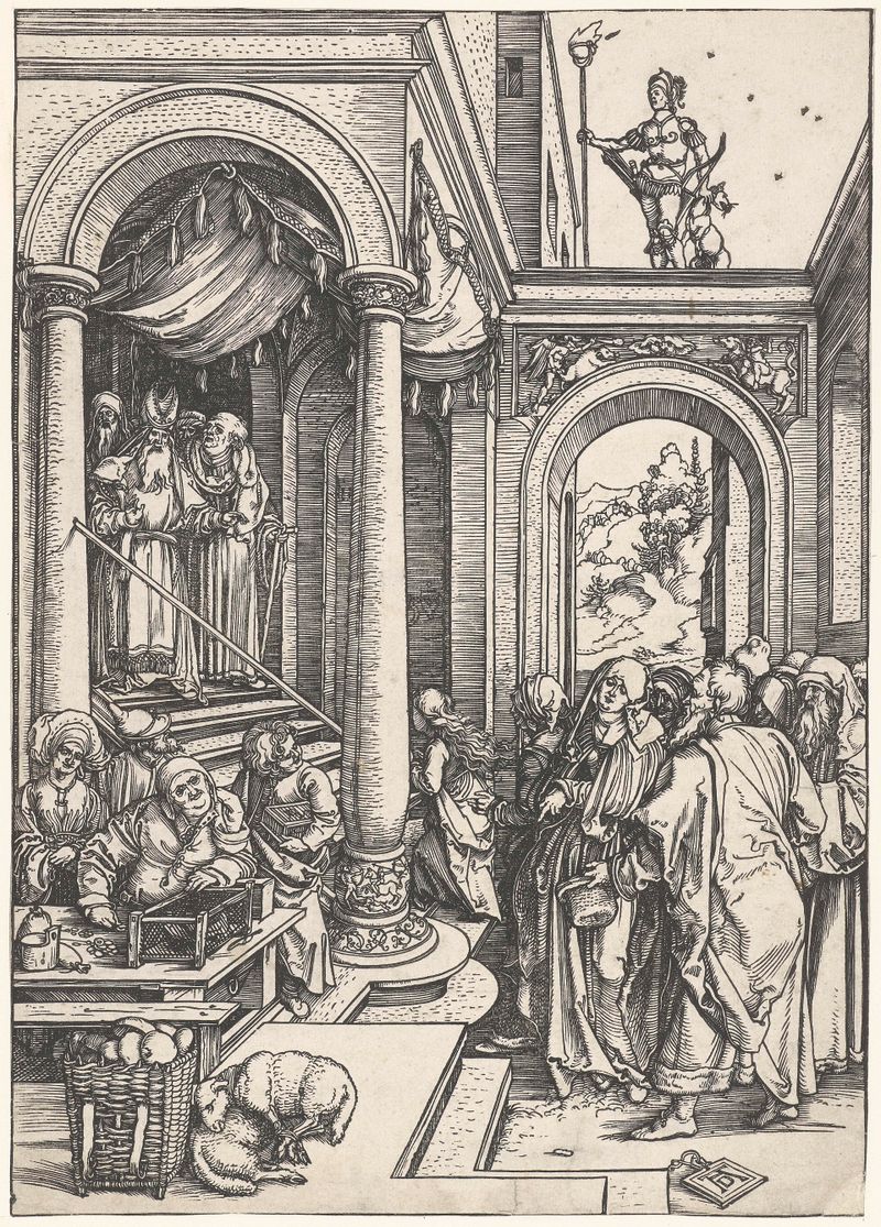 Presentatie van Maria in de tempel de Albrecht Dürer, medio papel, representando a María en un templo.