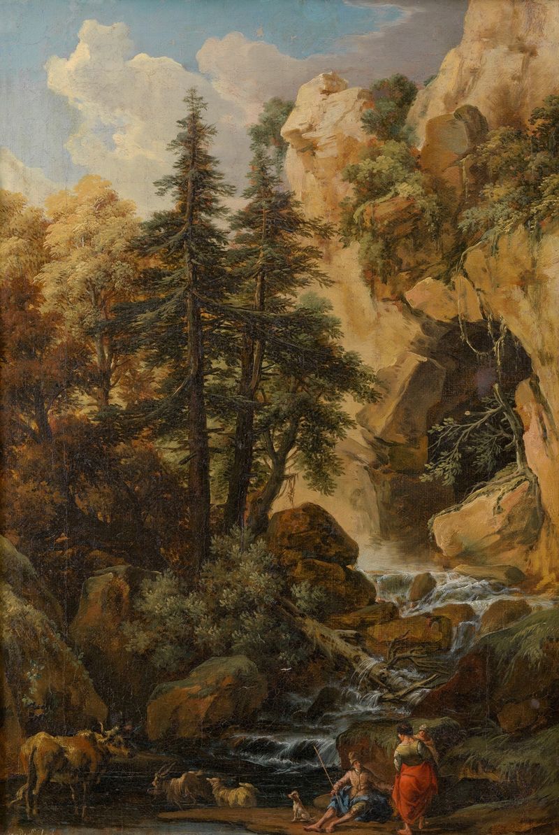 Paisaje con afloramiento rocoso y río de Johann Samuel Hötzendorf, estilo Barroco