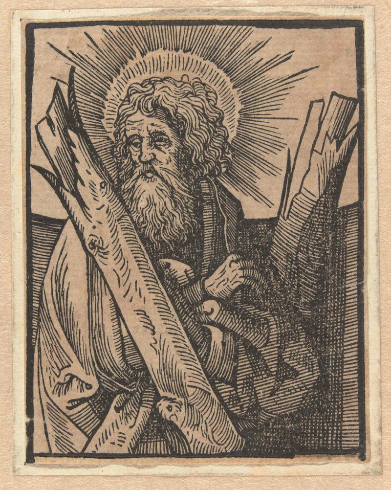 Obra religiosa em papel de Unknown Artist retratando uma figura solitária iluminada pela luz divina.