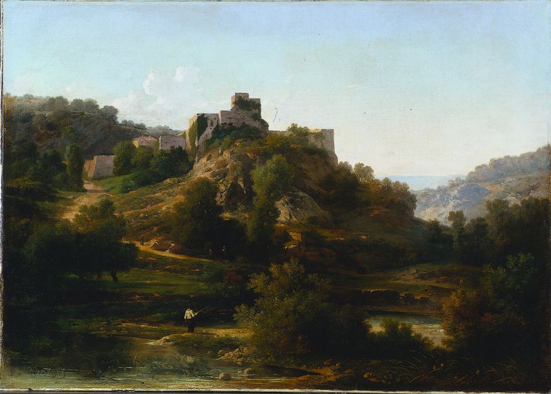 Châteauvieux-sur-Suran de Antoine-Claude Ponthus-Cinier, óleo sobre tela que retrata uma vibrante paisagem pastoral.