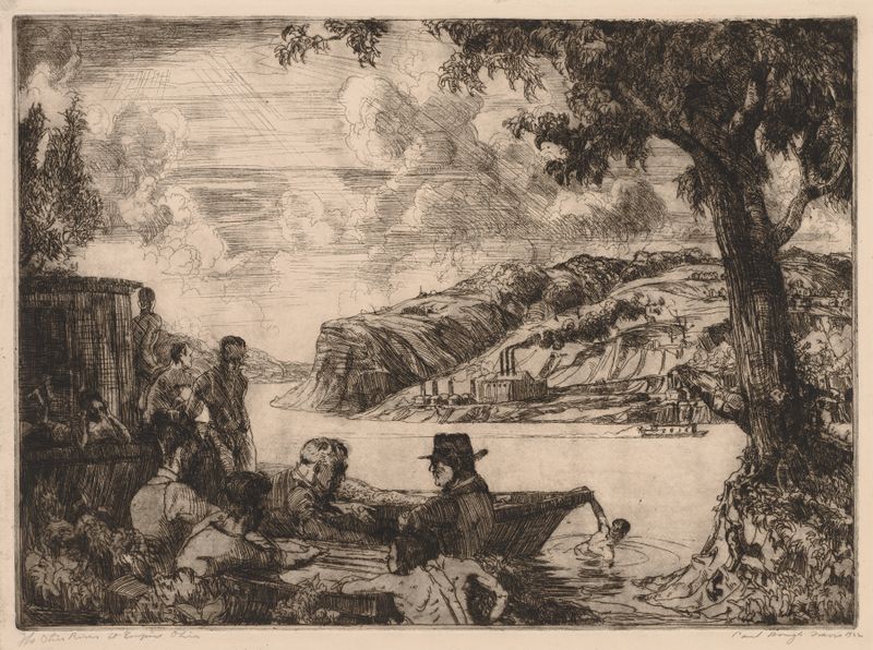 Ohio River at Empire, Ohio by Paul B. Travis, oil on canvas depicting a tranquil river scene.