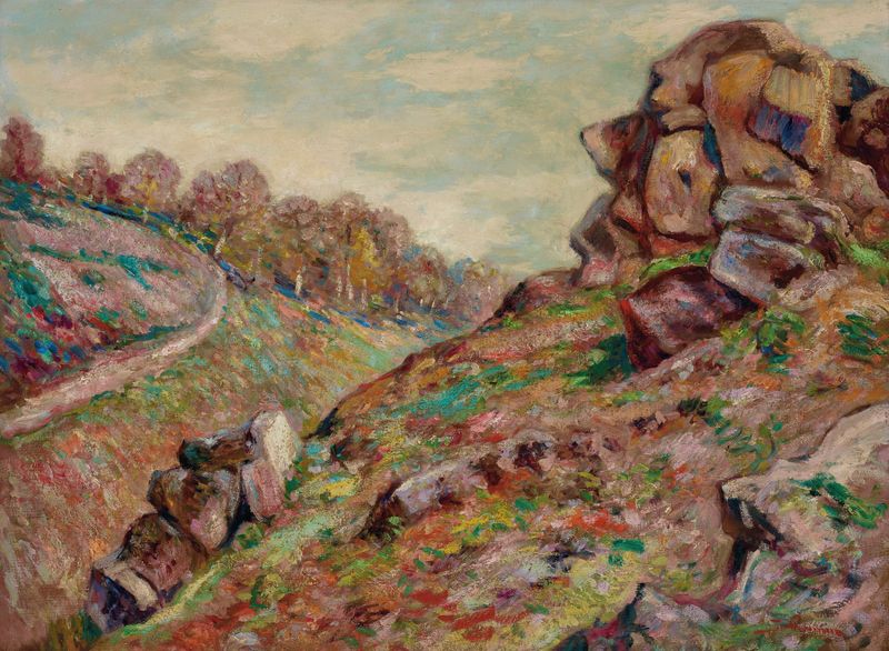 Paisaje óleo de Armand Guillaumin con colinas y un cielo vibrante.