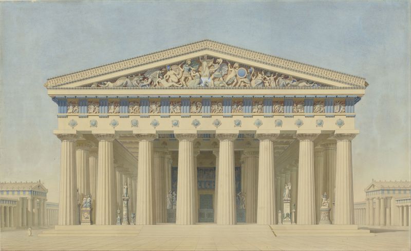 Elevação reconstruída do Templo T em Selinunte por Jacques Ignace Hittorff, meio desconhecido