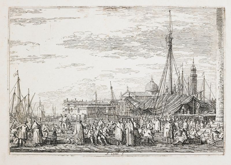 Mercado en el Muelle de Canaletto, óleo sobre lienzo que muestra un bullicioso mercado con figuras y luz solar.