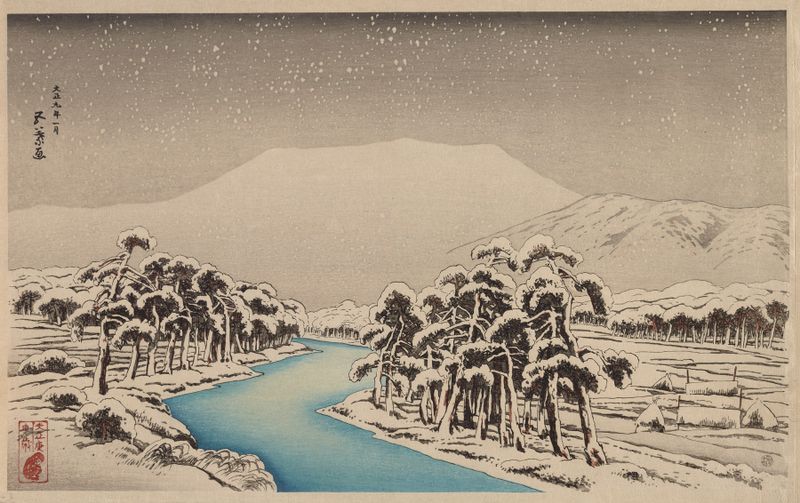 Ukiyo-e landscape of Mount Ibuki covered in snow by Hashiguchi Goyō