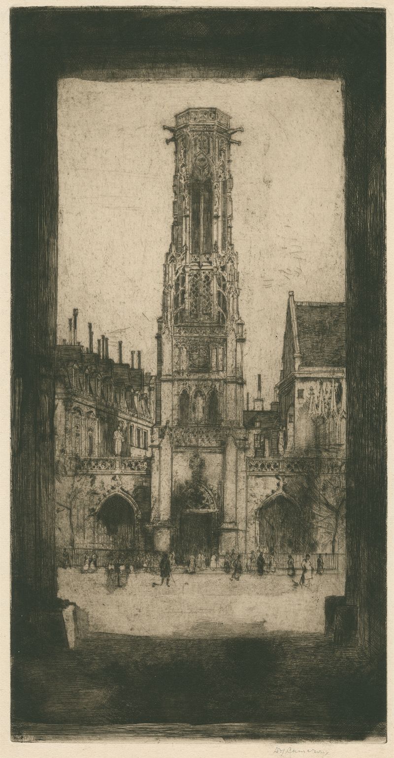 St. German l'Auxerrois gravura de David Young Cameron com um campanário e nuvens em espiral