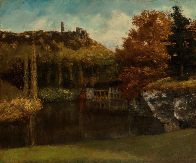 Le Lavoir de Gustave Courbet, pintura a óleo mostrando um lavoir e ruínas ao lado da água.